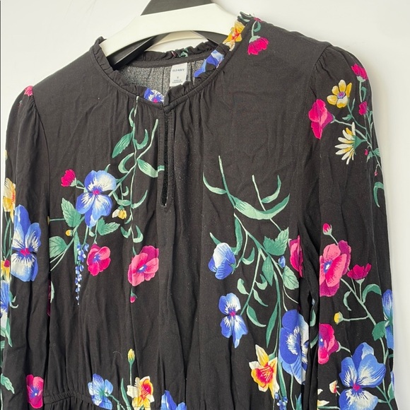 Old Navy Pink and Blue Floral Long Sleeve Black Dress with Ruffled Collar Small - Picture 4 of 12